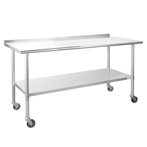 Miniatura 9 de Mesa de acero inoxidable para preparación y trabajo, con ruedas giratorias, mesa resistente, comercial NSF, con estante inferior y protector