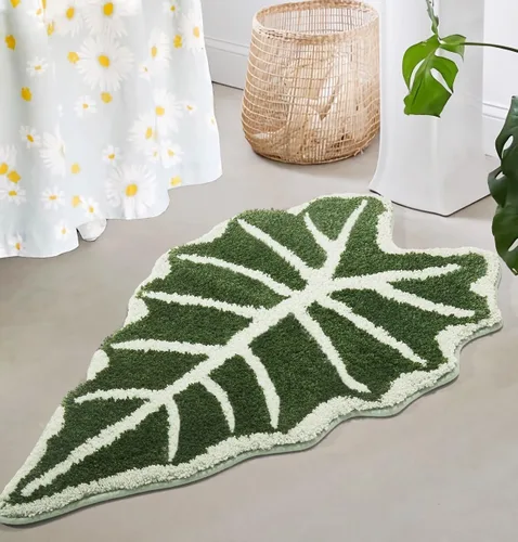 Alfombra de baño con forma de hojas verdes, alfombra de baño con forma de hojas tropicales para bonita decoración de baño, alfombra de planta de