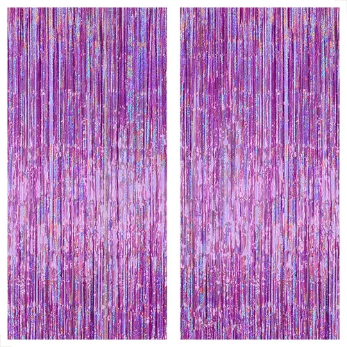 KatchOn - Cortina de flecos color morado iridiscente, 8 x 3.25 pies, paquete de 2 unidades, decoraciones de fiesta de serpentinas moradas,