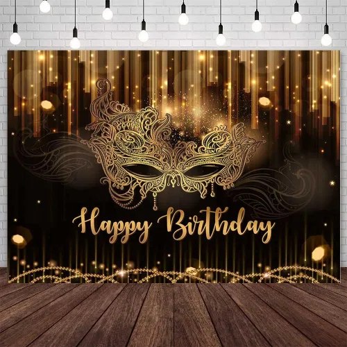 AIBIIN Máscara de fondo de feliz cumpleaños de 7 x 5 pies, suministros de decoración de carnaval, cumpleaños, fiesta de baile, pancarta negra y