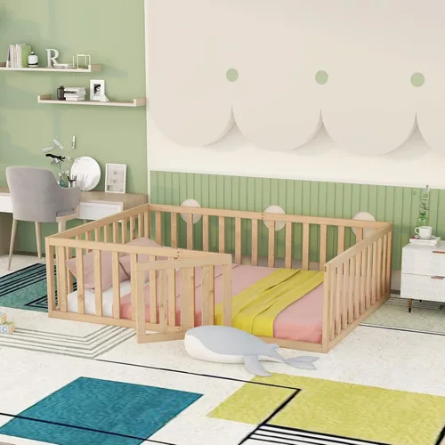 Miniatura 18 de Cama de suelo para niños tamaño Queen con valla, cama de madera con puerta, barandillas en forma de valla, cama de valla para niños, fácil montaje