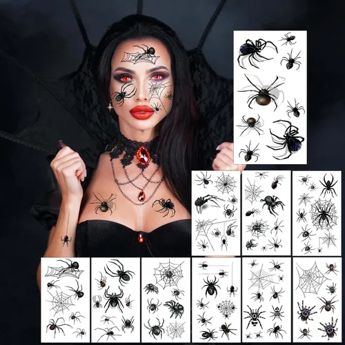 Miniatura 2 de XIYOKA 80 piezas de tatuajes temporales de telaraña de Halloween, kit de maquillaje de Halloween para mujeres adultas, tatuajes faciales realistas