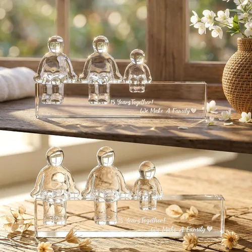Miniatura 8 de Ornalrist Regalos de boda de cristal para el 15º aniversario para ella y él, 15 años juntos hicimos un adorno de cristal familiar para esposa, 1 niño