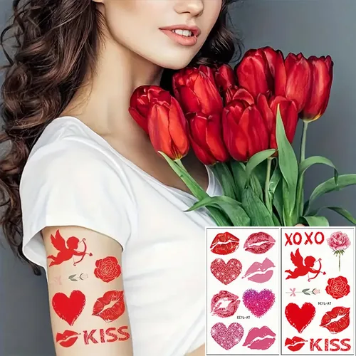Miniatura 3 de Tatuaje temporal para el día de San Valentín para adultos y niños, tatuajes falsos de labios de corazón rojo, flecha de ángel rosa, calcomanías