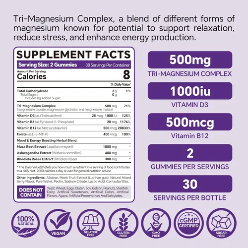 Miniatura 2 de VEETAGYO Gomitas de magnesio 500 mg 400 mg Alta absorción, hueso, nervios, músculo 3 formas de complejo de magnesio suplemento glicinato