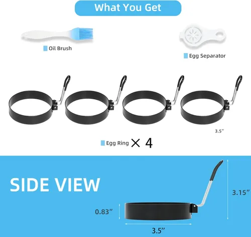 Miniatura 6 de Paquete de 4 anillos de huevo de acero inoxidable antiadherentes de 3.5 pulgadas para freír huevos, moldes redondos para cocinar a la plancha