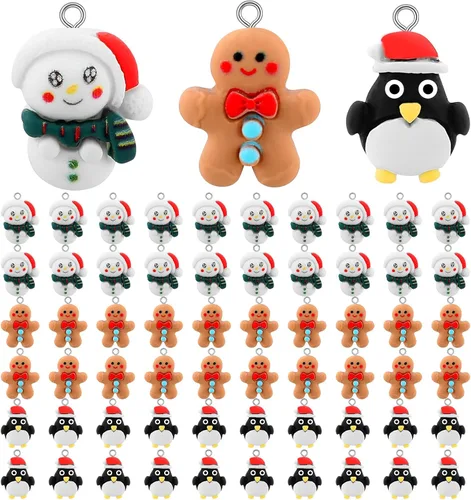 Miniatura 5 de Remuuly 60 dijes de Navidad de hombre de jengibre, Papá Noel, muñeco de nieve, resina, pingüino, dijes de resina de Navidad para hacer joyas
