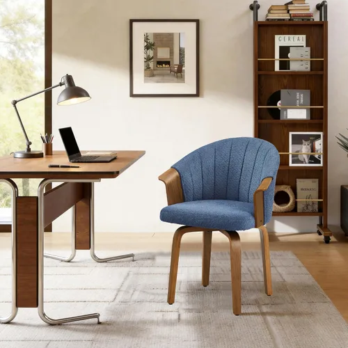 Art Leon Silla de escritorio sin ruedas, silla giratoria moderna de mediados de siglo, silla de escritorio de tela Boucle con patas de madera para