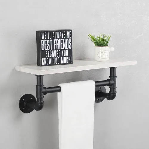 MBQQ Estante de tubería industrial para baño, estantes montados en la pared, estante de madera rústica de 19.6 pulgadas con toallero, toallero de