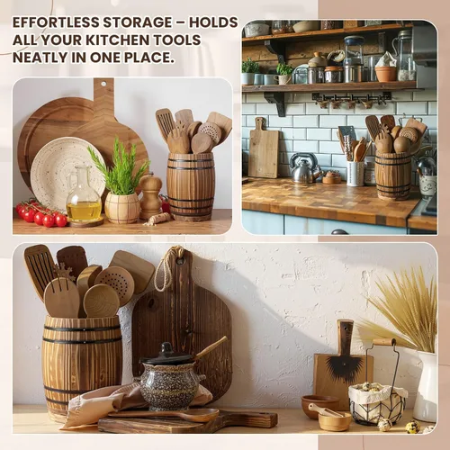 Miniatura 4 de Honeydak Soporte de utensilios de madera para encimera de cocina, diseño de barril de vino giratorio de 360°, organizador de recipiente