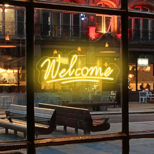 Letrero de neón de bienvenida con luz LED de neón para negocios, letrero de negocios para ventana de tienda, tienda de vidrio, floristas, bares,