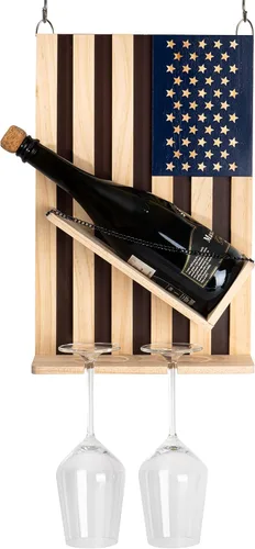 Miniatura 5 de The Wine Savant Estante para vinos montado en la pared con la bandera estadounidense, hermoso soporte para botellas y vino y 2 vasos patrióticos