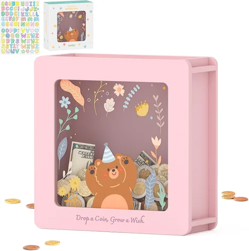 Alcancía de madera para niños y adultos, caja de ahorro de dinero con calcomanías de bricolaje, caja de tarjetas de regalo personalizada para