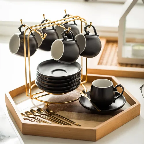 Miniatura 4 de LYEOBOH Juego de tazas de café expreso y platillos, taza de café de cerámica de 3 onzas, pequeñas tazas demitasses, tazas de café expreso con Negro