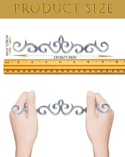 Miniatura 2 de 10 parches metálicos bordados para planchar con borde de vid, apliques de encaje, diseño de desplazamiento largo para boda, vestido de novia, Plata