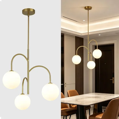 Lámpara de cristal de leche de 3 luces, pequeña lámpara dorada vintage para dormitorio, lámpara colgante de globo blanco, luz de techo de globo