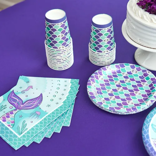 Miniatura 2 de Royal Bluebonnet Platos de fiesta de sirena – 24 juegos de platos de papel de sirena púrpura y suministros de servilletas, productos de papel