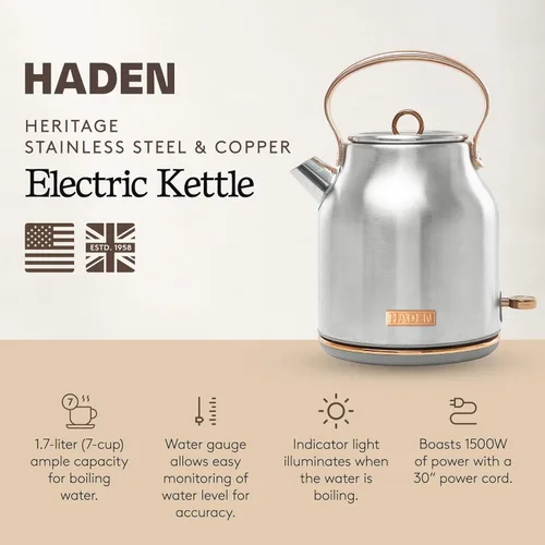 Miniatura 2 de Haden Heritage Hervidor de Agua Eléctrico de Acero Inoxidable de 1,7 Litros, Hervidor de Agua Caliente con Base de 360 Grados y Apagado Automático