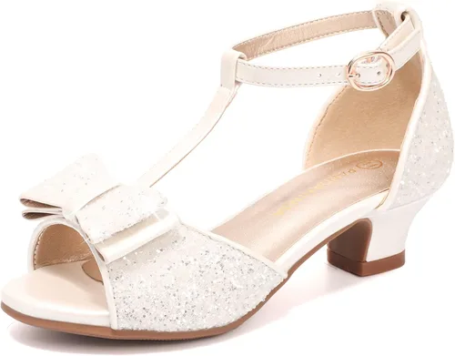 PANDANINJIA Sally Girls Heels, Girls Dress Shoes Pump T Strap Open Toe Bow Rhinestone Girls Sandals for Toddler Little Kid Big Kid