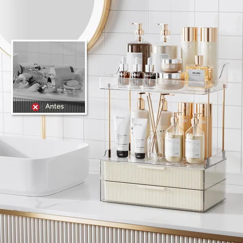 Miniatura 7 de Delamu Organizadores y Almacenamiento de Baño, Organizador de Maquillaje de 2 Niveles 2 Cajones para Encimera, Fácil de Instalar, Ideal para Blanco