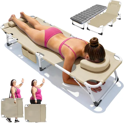 Miniatura 13 de ABORON Silla de bronceado resistente, silla de descanso plegable de 5 posiciones para exteriores con almohadilla, silla de playa portátil para tomar