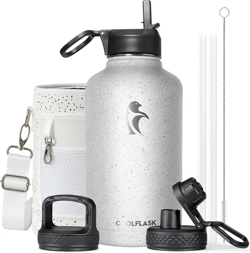 Miniatura 22 de Coolflask Botella de agua de 20 onzas aislada con pajilla, 3 tapas de metal de acero inoxidable, botella de agua de boca ancha para deportes u