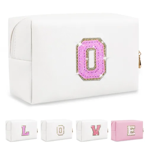 Miniatura 360 de Pequeña bolsa de maquillaje personalizada con inicial A-Z Preppy Patch, bolsa de cosméticos de viaje de felpilla blanca con cremallera, bonita bolsa