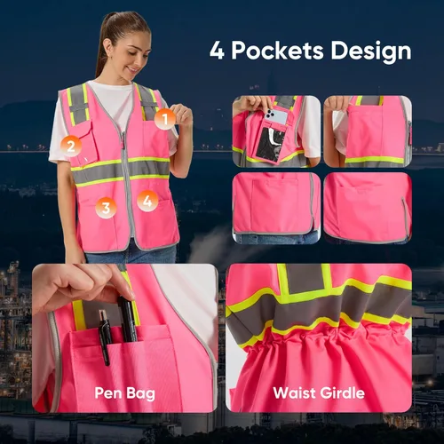 Miniatura 3 de Chaleco de Seguridad de Alta Visibilidad para Mujeres, Chaleco de Construcción de Trabajo con Cintura de Cordón con Bolsillos y Cremallera, Chaleco