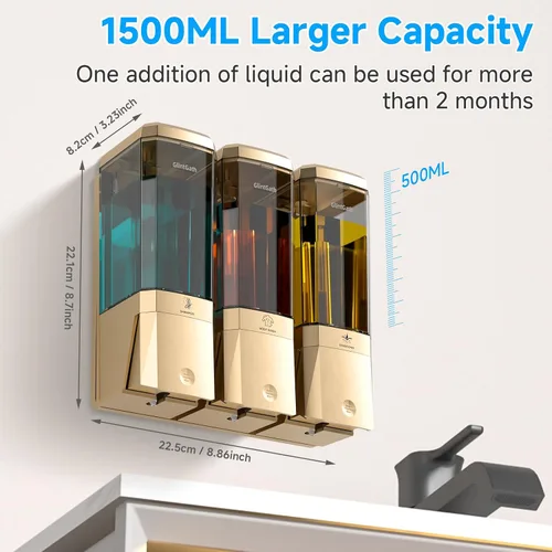 Miniatura 3 de Dispensador de champú y acondicionador, dispensador de ducha de 3 cámaras sin taladro, dispensador de champú montado en la pared para ducha