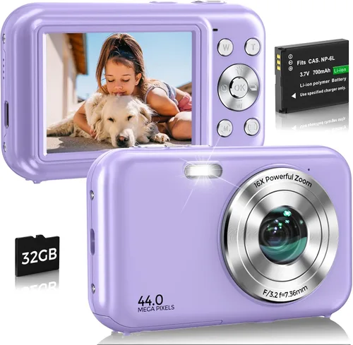 Cámara digital, FHD 1080P 44MP cámara de vlogging con tarjeta de 32 GB, zoom 16X antivibración, cámara digital compacta de punto de viaje y disparo