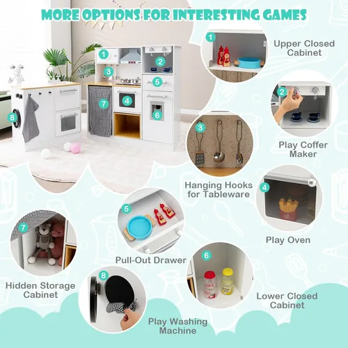 Miniatura 4 de HONEY JOY Juego de cocina para niños, juego de cocina modular de madera de 2 piezas, lavadora y fregadero, cafetera, campana extractora y estufa