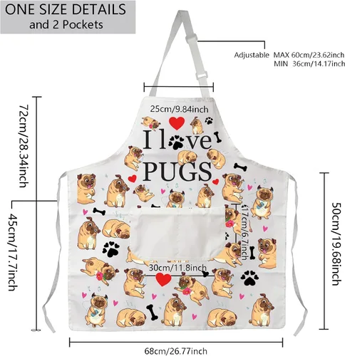 Miniatura 2 de Delantales para perros de pug, regalos para amantes de los pug, delantal de cocina con bolsillos, delantal de cocina I Love Pugs, regalos