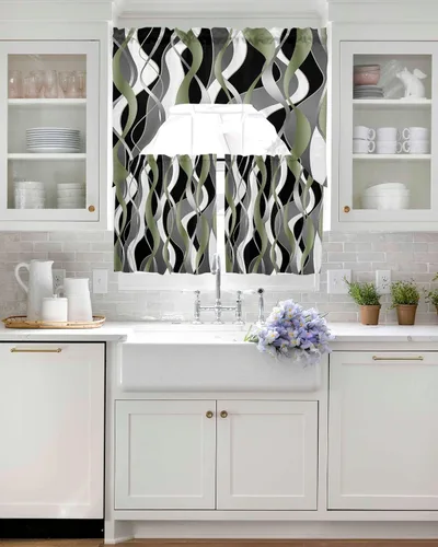 Miniatura 5 de Juego de 3 cortinas de cocina con cenefa a rayas verdes salvia, con bolsillo para barra, para dormitorio, sala de estar, baño, ventanas, modernas