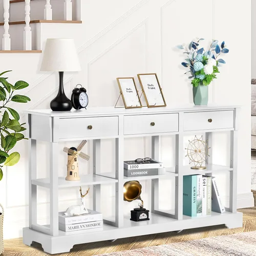 Miniatura 10 de Karl home Mesa consola con 3 cajones, escritorio de entrada de 58 pulgadas de ancho, mesa auxiliar con 6 estantes inferiores de almacenamiento, Negro