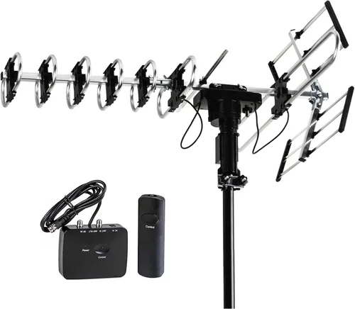 Five Star Antena para exteriores HD TV de 200 millas de alcance con rotación motorizada de 360°, radio UHF/VHF/FM con control remoto infrarrojo