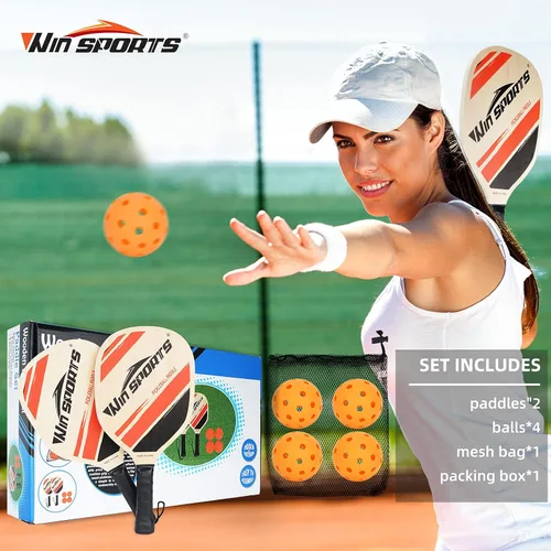 Miniatura 4 de WIn SPORTS - Juego de 2 palas de pickleball de madera, raqueta para principiantes, palas de pepinillo con 2 paletas, 4 bolas y 1 bolsa
