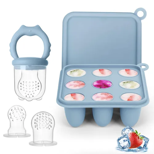 Miniatura 8 de Alimentador de frutas para bebés, moldes para paletas de leche materna, bandeja de silicona para congelar alimentos para aliviar la dentición, Lila