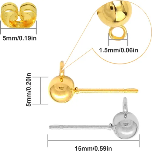 Miniatura 5 de Juego de 700 aretes de bola para hacer joyas, 300 aretes de bola, aretes de bola con lazo con 400 aretes de mariposa de repuesto para hacer joyas