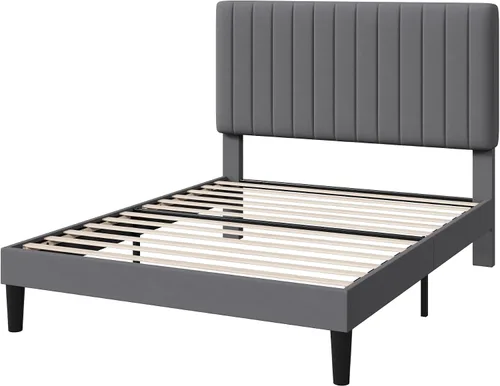 Miniatura 4 de HOOMIC Twin Bed Frame, Velvet Upholstered Platform Bed with Adjustable Vertical Channel Tufted Headboard, Mattress Foundation with Strong Wooden