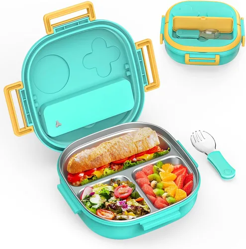 Miniatura 12 de Pequeña mini caja Bento o caja de aperitivos con 3 compartimentos extraíbles de acero inoxidable y cubiertos para bebé de 0 a 24 meses, a prueba