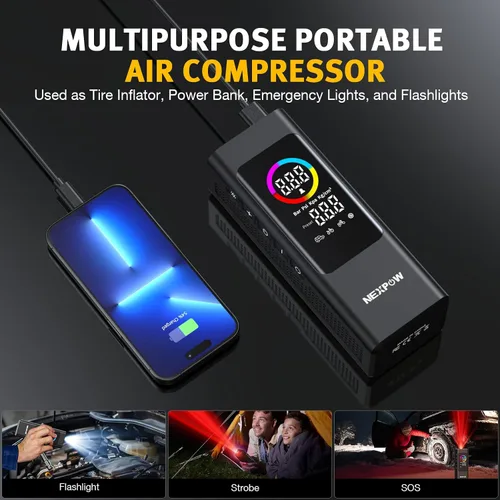 Miniatura 5 de Compresor de aire portátil para inflador de neumáticos, bomba de aire inalámbrica NEXPOW de 150 PSI con medidor digital, batería recargable de 7800