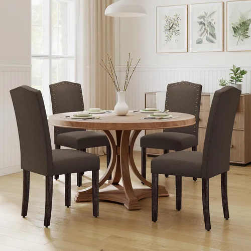 Miniatura 16 de LSSPAID Juego de 4 sillas de comedor, modernas y cómodas sillas Parsons tapizadas de lino con ribete de cabeza de clavo de bronce y patas de madera