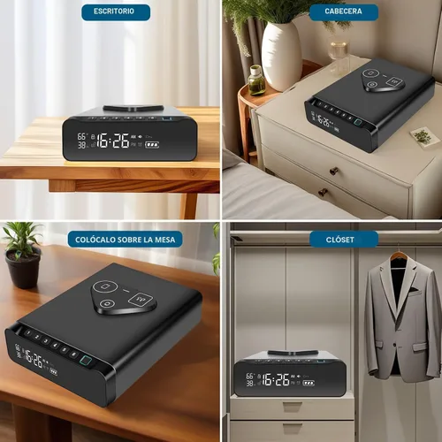 Miniatura 6 de Caja fuerte biométrica para armas con huellas dactilares, caja fuerte para pistolas con reloj y carga inalámbrica para reloj y teléfono 3 en 1