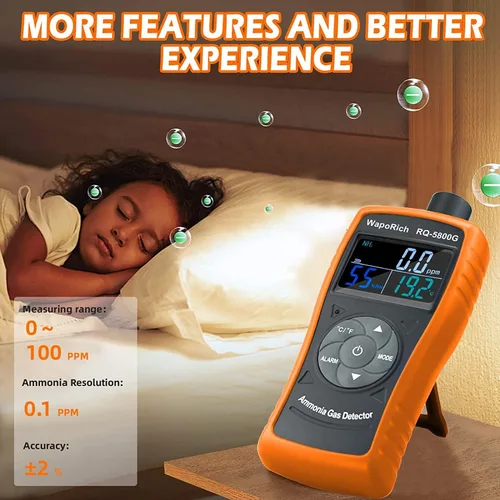 Miniatura 4 de Detector de gas de amoníaco, monitor NH3 de 0 ~ 100 PPM, detector de gas WapoRich NH3, medidor digital de amoníaco con alarma, temperatura (℉/℃)