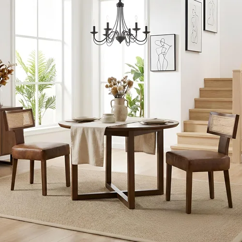 Miniatura 37 de HNY Juego de 6 sillas de comedor de ratán de estilo de mediados de siglo, silla de acento tapizada en lino de estilo granja con respaldo curvo