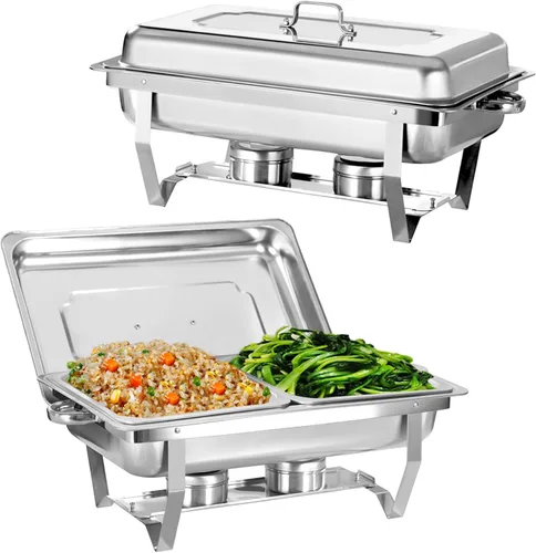 Miniatura 7 de Juego de 2 Platos Calentadores de Acero Inoxidable de Tamaño Completo de 8 Cuartos de Galón para Buffet, Juego de Calentador Rectangular Plateado