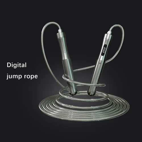 Miniatura 5 de Cuerda de saltar inteligente con contador, pantalla LCD, asas de aluminio, cable de acero revestido de PVC ajustable (118 pulgadas), carga tipo C