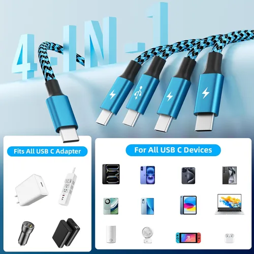 Miniatura 2 de Cable divisor USB C multi carga para múltiples dispositivos, cable de carga rápido 4 en 1, cable de carga de teléfono USB C trenzado con 4