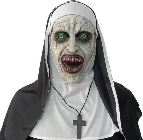 Máscara de terror de monja 2024, máscara de disfraz de cabeza completa con collar de cruz para fiesta de Halloween