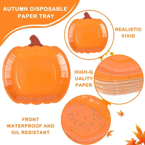Miniatura 3 de Dandat 50 platos de papel desechables de calabaza de otoño de 9 pulgadas, platos de fiesta de cosecha de Acción de Gracias, naranja redondo